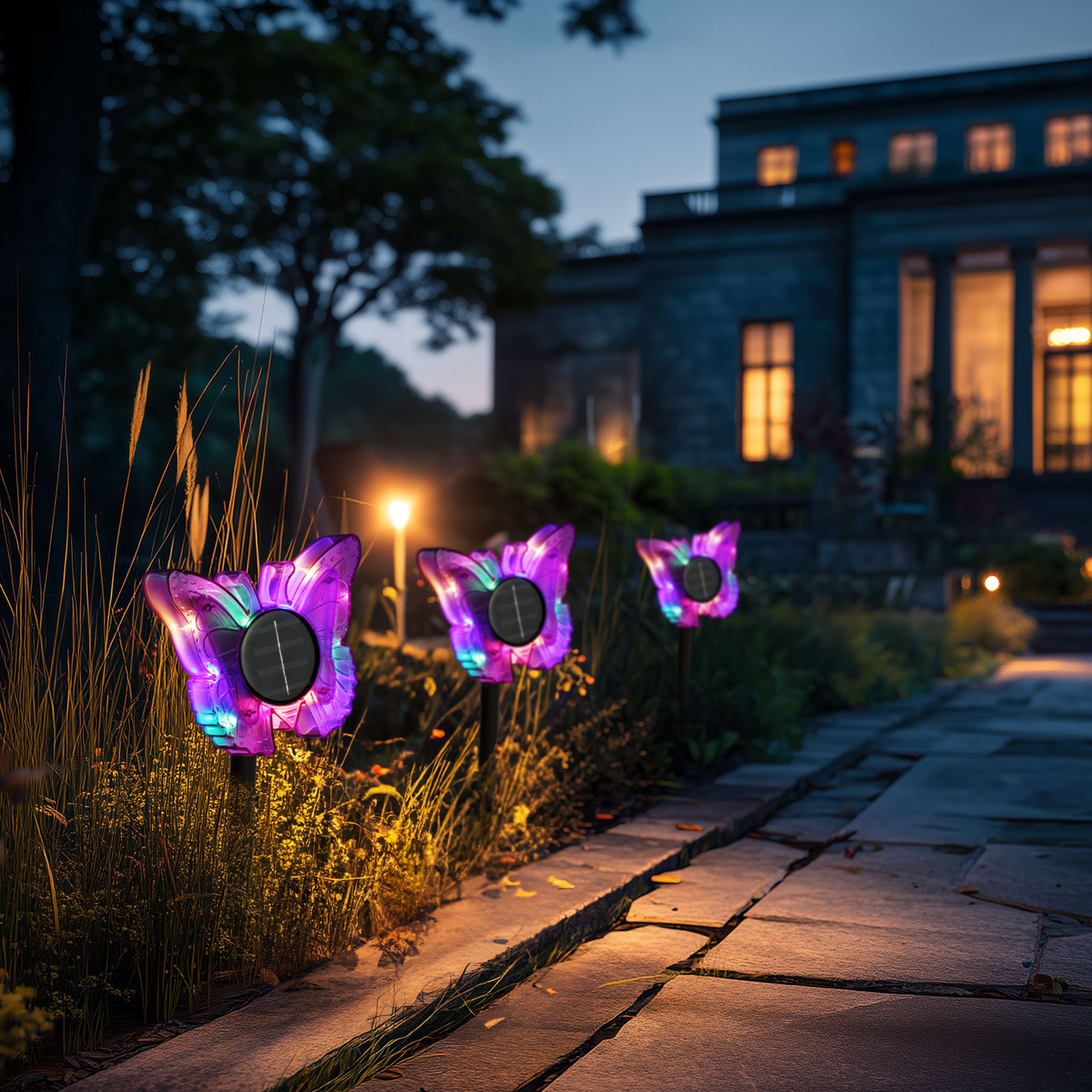 Leszúrható szolár pillangó - lila - 13 x 6,5 x 35 cm - melegfehér + színes LED