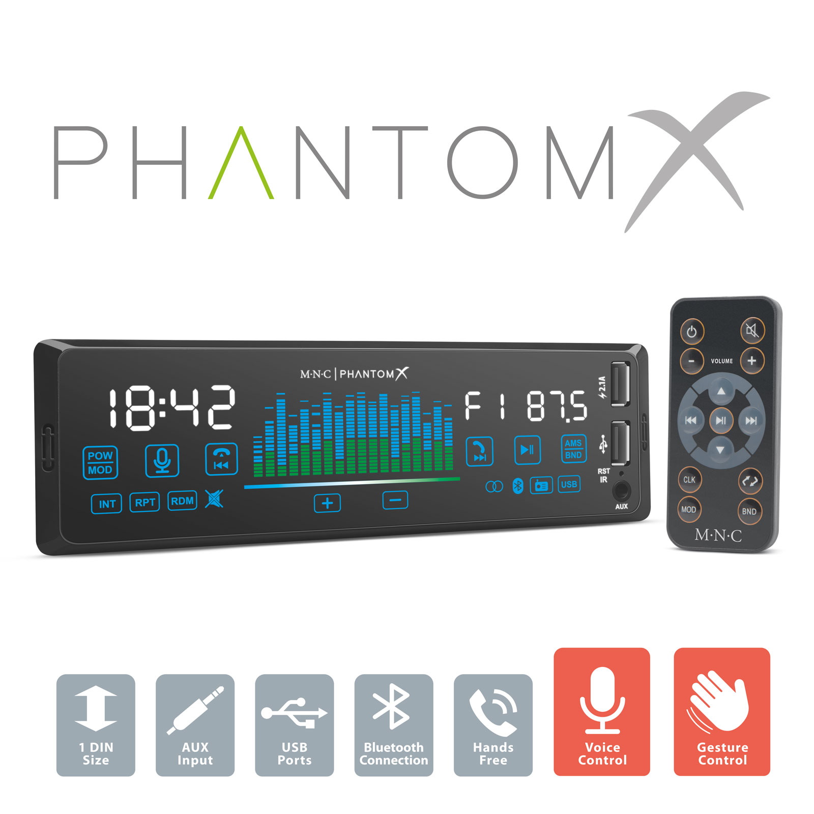Fejegység 'PhantomX' - 1 DIN - 4 x 50 W - gesztusvezérlés - BT - MP3 - AUX - USB
